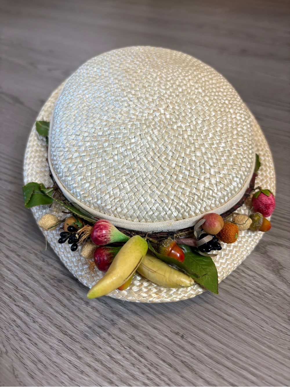 1960s Evelyn Varon Cream Straw Hat with Decorative Fruit Trim